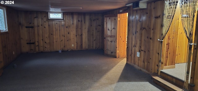 basement with carpet flooring and wood walls