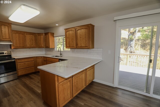 kitchen with sink, tasteful backsplash, dark wood-type flooring, and stainless steel electric range