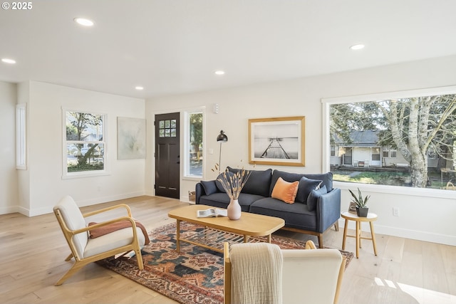 living room with light hardwood / wood-style flooring and a healthy amount of sunlight