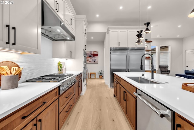 kitchen featuring sink, light hardwood / wood-style flooring, appliances with stainless steel finishes, decorative light fixtures, and white cabinetry