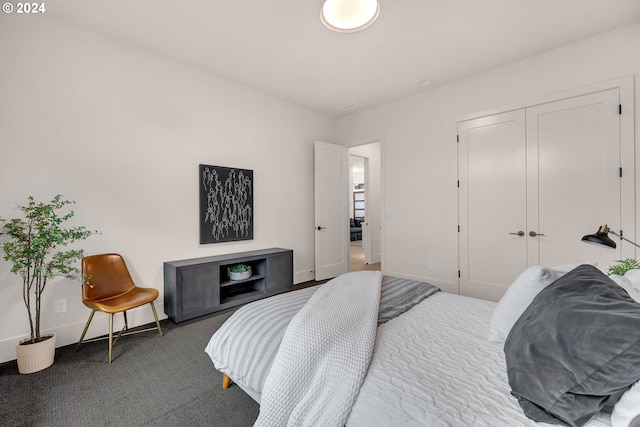 bedroom with a closet and dark colored carpet