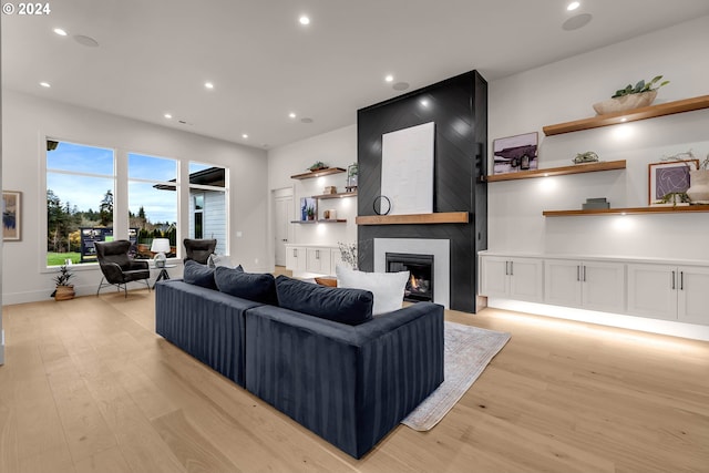 living room featuring a fireplace and light wood-type flooring