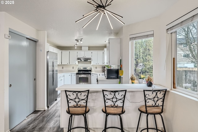 kitchen with appliances with stainless steel finishes, dark wood-type flooring, a peninsula, light countertops, and under cabinet range hood