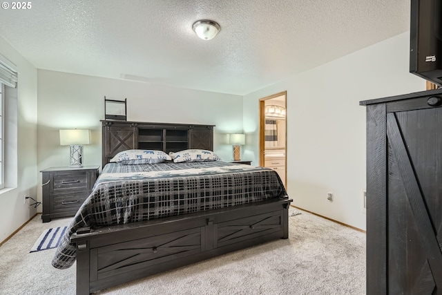 bedroom featuring carpet flooring, a textured ceiling, and baseboards