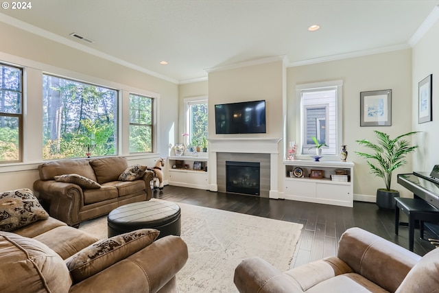 13632 SW 174th Loop, Sherwood, OR 97140 - living room with dark wood-style floors, ornamental molding, recessed lighting, baseboards, and a glass covered fireplace