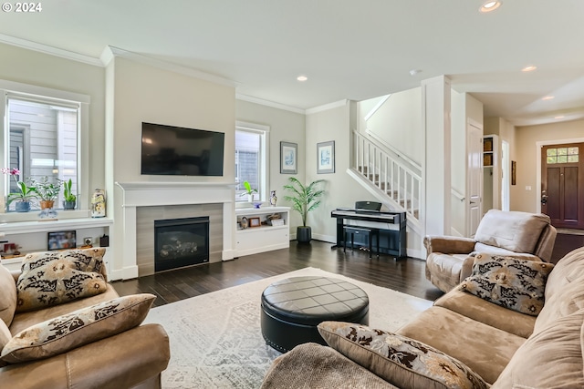 13632 SW 174th Loop, Sherwood, OR 97140 - living area featuring stairway, ornamental molding, wood finished floors, recessed lighting, and a fireplace