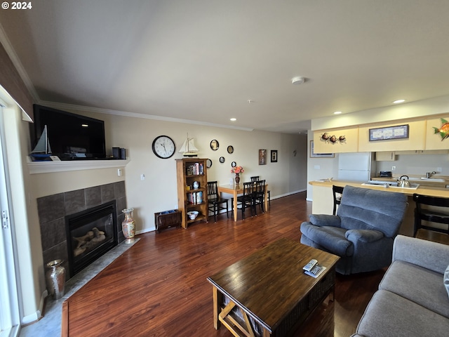 living room with crown molding, a fireplace, and dark wood-type flooring