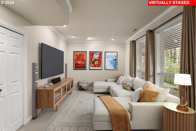 living room featuring light carpet and crown molding