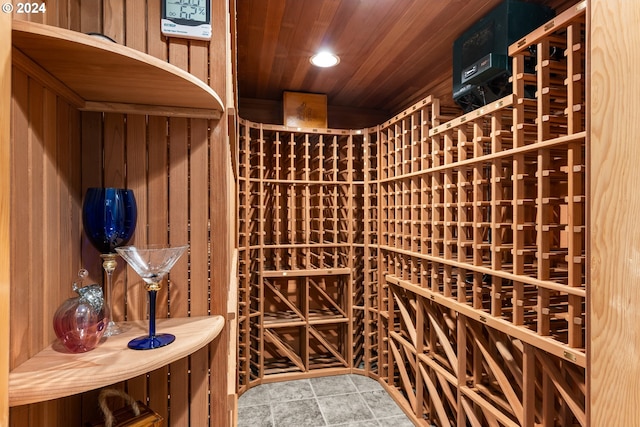 wine cellar with wood walls and wooden ceiling