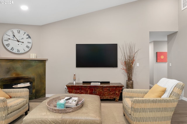 living room featuring wood-type flooring and lofted ceiling