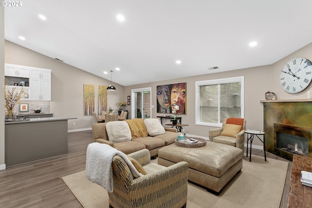 living room with wood-type flooring and vaulted ceiling