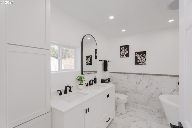 2840 Canyonville Riddle Rd, Riddle, OR 97469 - full bathroom with recessed lighting, marble finish floor, a sink, and a soaking tub