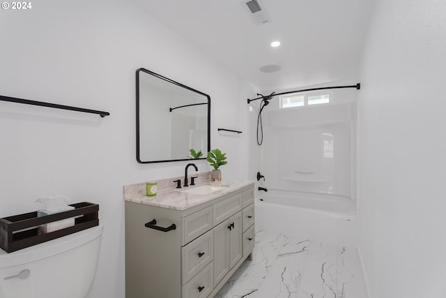 2840 Canyonville Riddle Rd, Riddle, OR 97469 - bathroom with shower / bathtub combination, vanity, recessed lighting, toilet, and marble finish floor