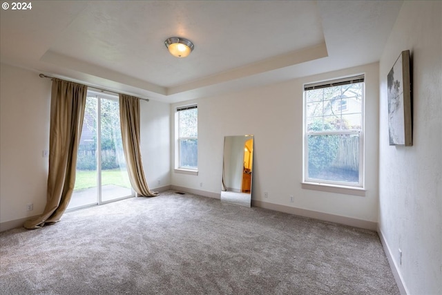 empty room featuring carpet floors and a tray ceiling