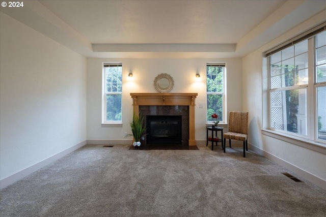 interior space featuring a fireplace, a tray ceiling, and a healthy amount of sunlight