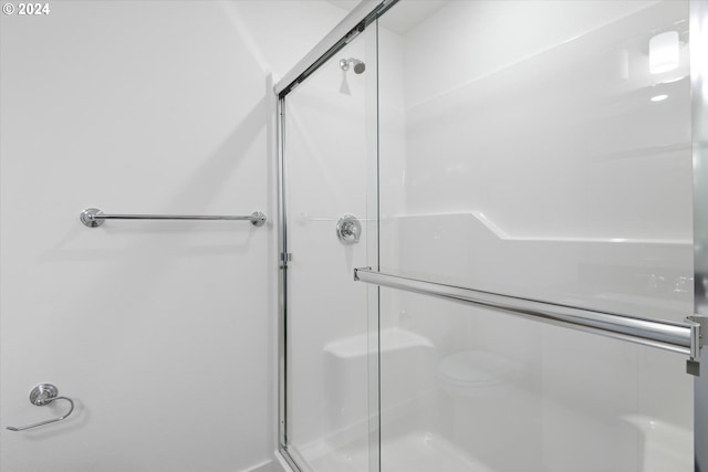 bathroom featuring a shower with shower door