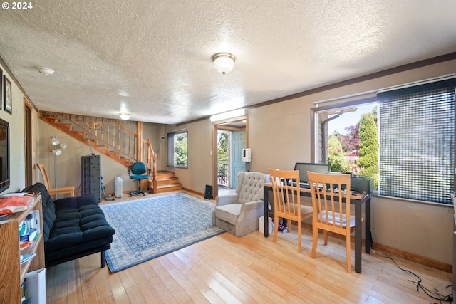 living room with light hardwood / wood-style floors and a textured ceiling