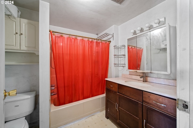 full bathroom featuring vanity, toilet, and shower / bathtub combination with curtain