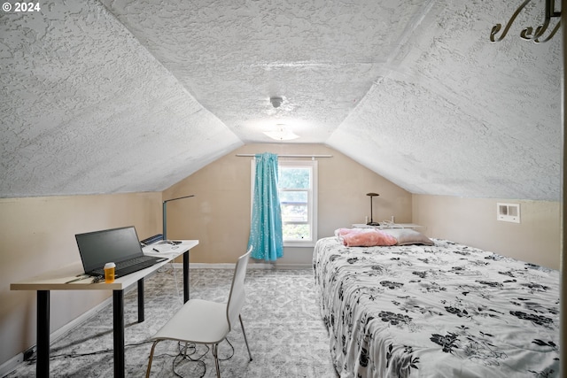 bedroom with carpet flooring, a textured ceiling, and lofted ceiling