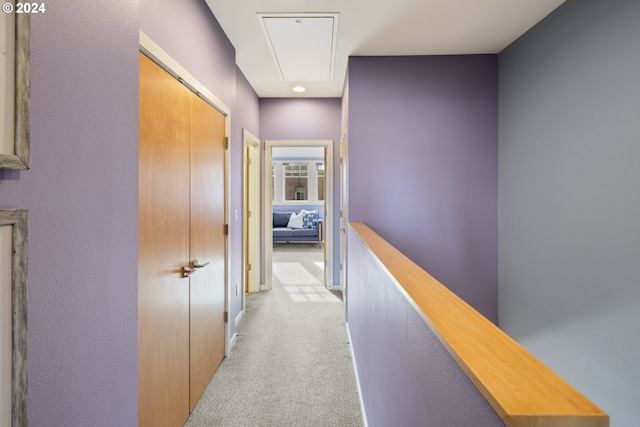 hallway with light colored carpet