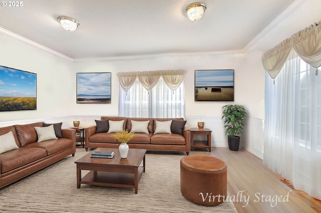 living room featuring a textured ceiling, hardwood / wood-style flooring, plenty of natural light, and ornamental molding