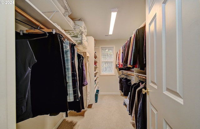 walk in closet with light colored carpet