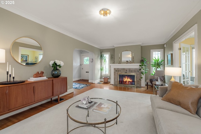 living room featuring crown molding, baseboards, a fireplace, wood finished floors, and arched walkways