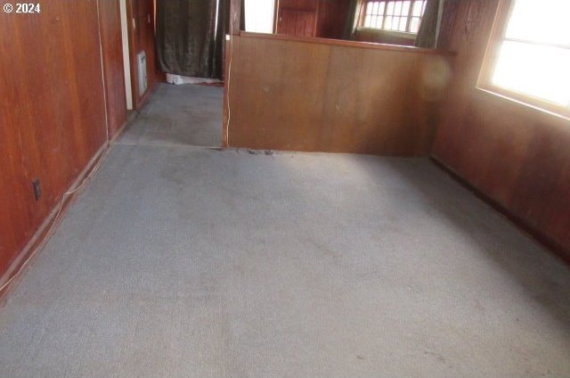 carpeted spare room with wooden walls