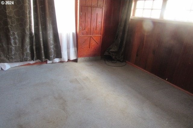 unfurnished room featuring carpet floors and wood walls