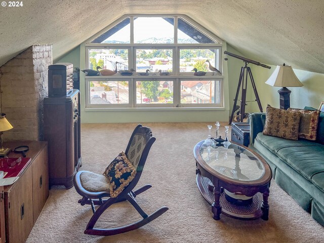 living room featuring carpet, a textured ceiling, and lofted ceiling