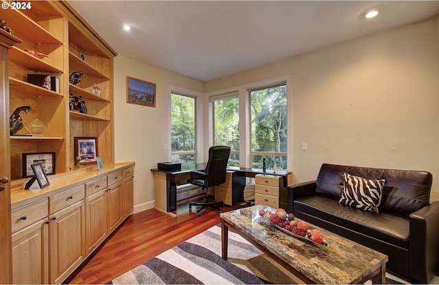 office with light wood-type flooring