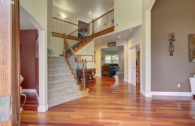 foyer entrance featuring a towering ceiling and wood-type flooring