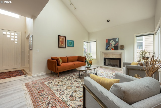 living area featuring wood finished floors, baseboards, a high end fireplace, and high vaulted ceiling