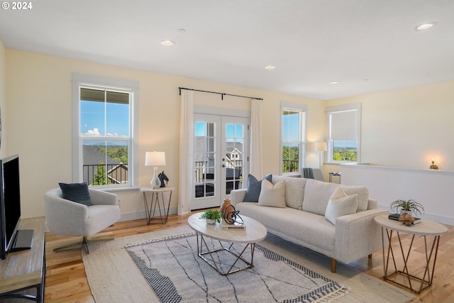 living room with light hardwood / wood-style floors and french doors