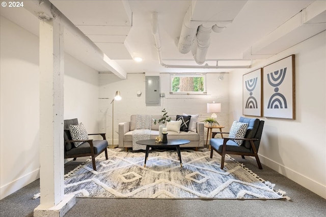 living area featuring electric panel and carpet flooring