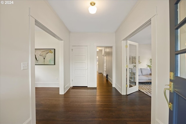 corridor featuring ornamental molding and dark wood-type flooring