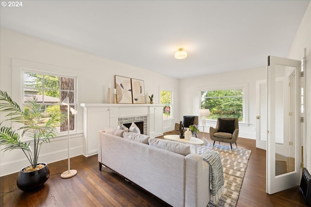 living room featuring a tiled fireplace, a healthy amount of sunlight, and dark hardwood / wood-style floors