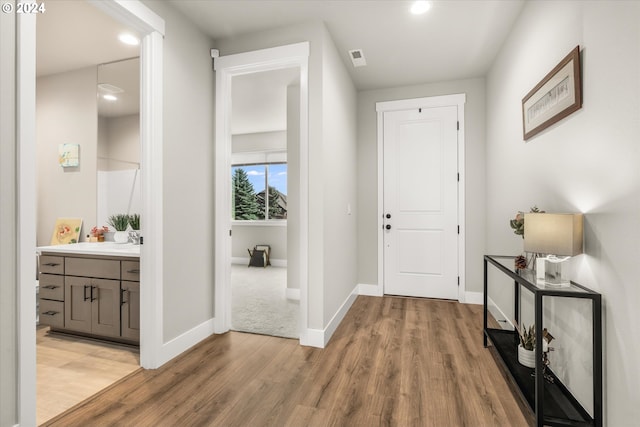 foyer entrance with light hardwood / wood-style flooring and sink