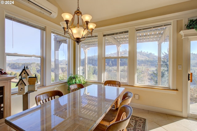 14115 N Bank Rd, Roseburg, OR 97470 - dining area with a wall mounted air conditioner, a chandelier, light tile patterned floors, plenty of natural light, and vaulted ceiling