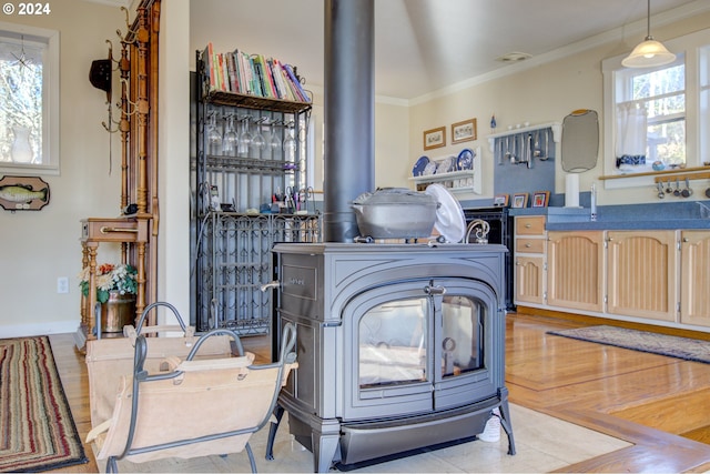 14115 N Bank Rd, Roseburg, OR 97470 - kitchen with a wood stove, crown molding, light brown cabinetry, and wood finished floors