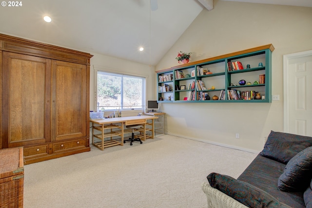 home office featuring light carpet, beamed ceiling, and high vaulted ceiling