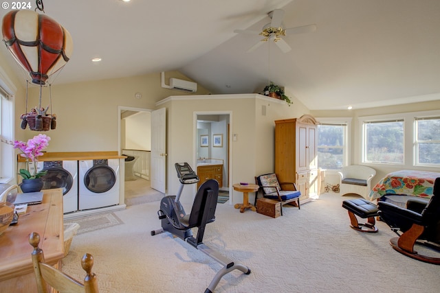 14115 N Bank Rd, Roseburg, OR 97470 - workout room featuring washer and clothes dryer, carpet floors, vaulted ceiling, ceiling fan, and a wall mounted air conditioner