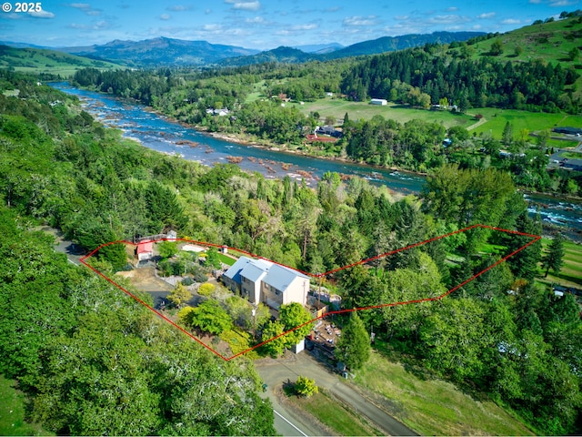 14115 N Bank Rd, Roseburg, OR 97470 - aerial view of property and surrounding area with a mountain backdrop, a heavily wooded area, and property boundaries highlighted