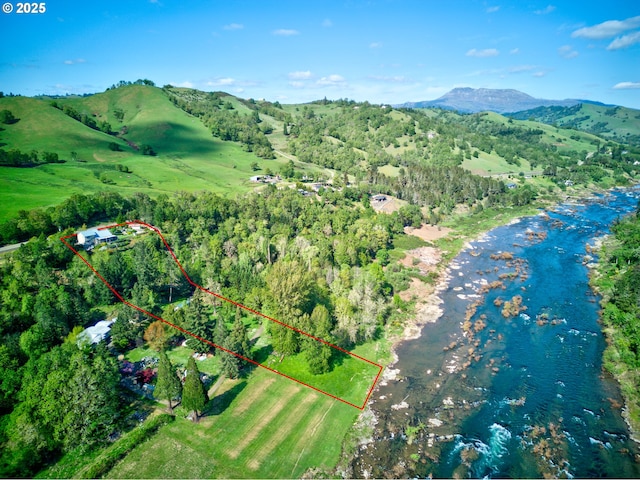 14115 N Bank Rd, Roseburg, OR 97470 - aerial overview of property's location featuring property boundaries highlighted and mountains