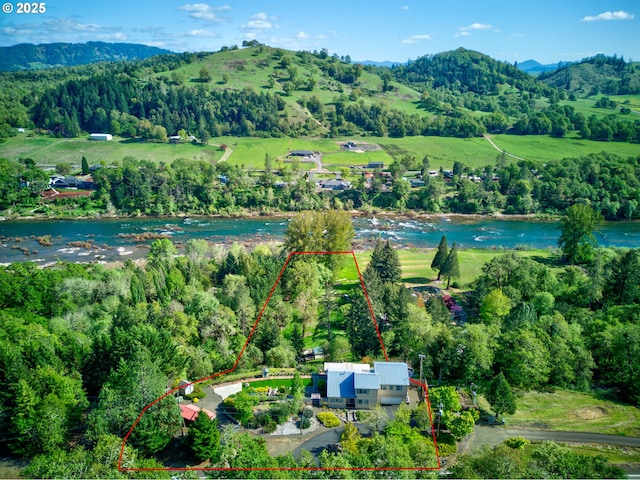 14115 N Bank Rd, Roseburg, OR 97470 - aerial view of property's location with property parcel outlined and a water and mountain view