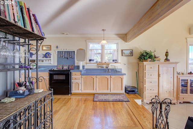 14115 N Bank Rd, Roseburg, OR 97470 - kitchen with black range, dark countertops, light wood-style floors, crown molding, and hanging light fixtures