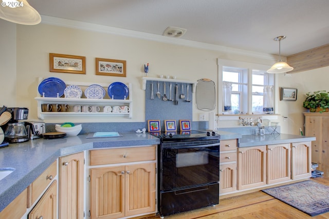 14115 N Bank Rd, Roseburg, OR 97470 - kitchen featuring black / electric stove, ornamental molding, light wood-style flooring, light brown cabinets, and decorative light fixtures