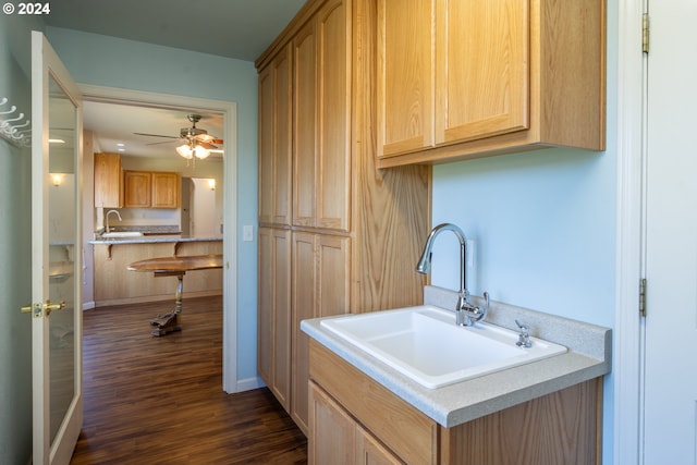 laundry area with sink, ceiling fan, and dark hardwood / wood-style flooring