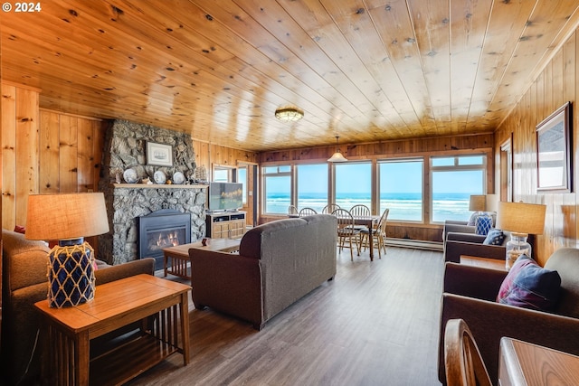 living room with wood walls, a stone fireplace, wood-type flooring, and wooden ceiling