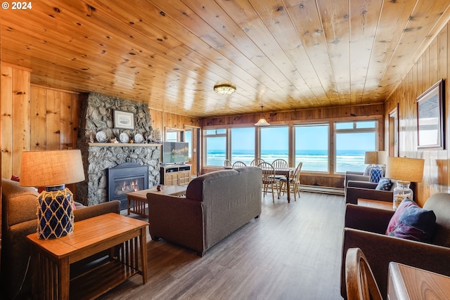 living room featuring wood walls, a stone fireplace, wood ceiling, and wood finished floors